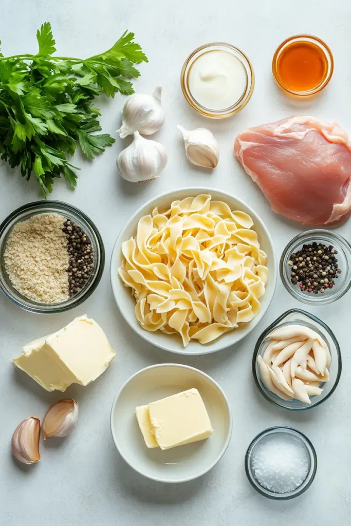 Ingredients for chicken with buttered noodles arranged on a light kitchen surface