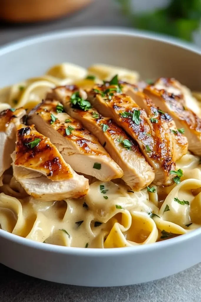 One-pan chicken with buttered noodles in a creamy sauce styled for Pinterest