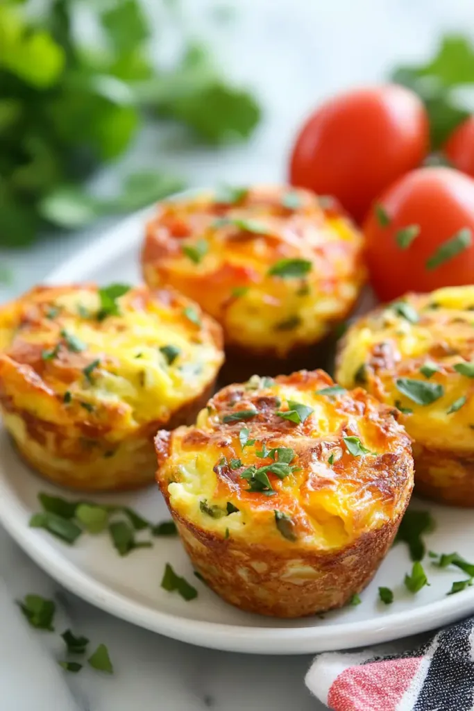 Cottage cheese egg muffins with spinach and cheese arranged on a plate for a high protein breakfast meal prep.