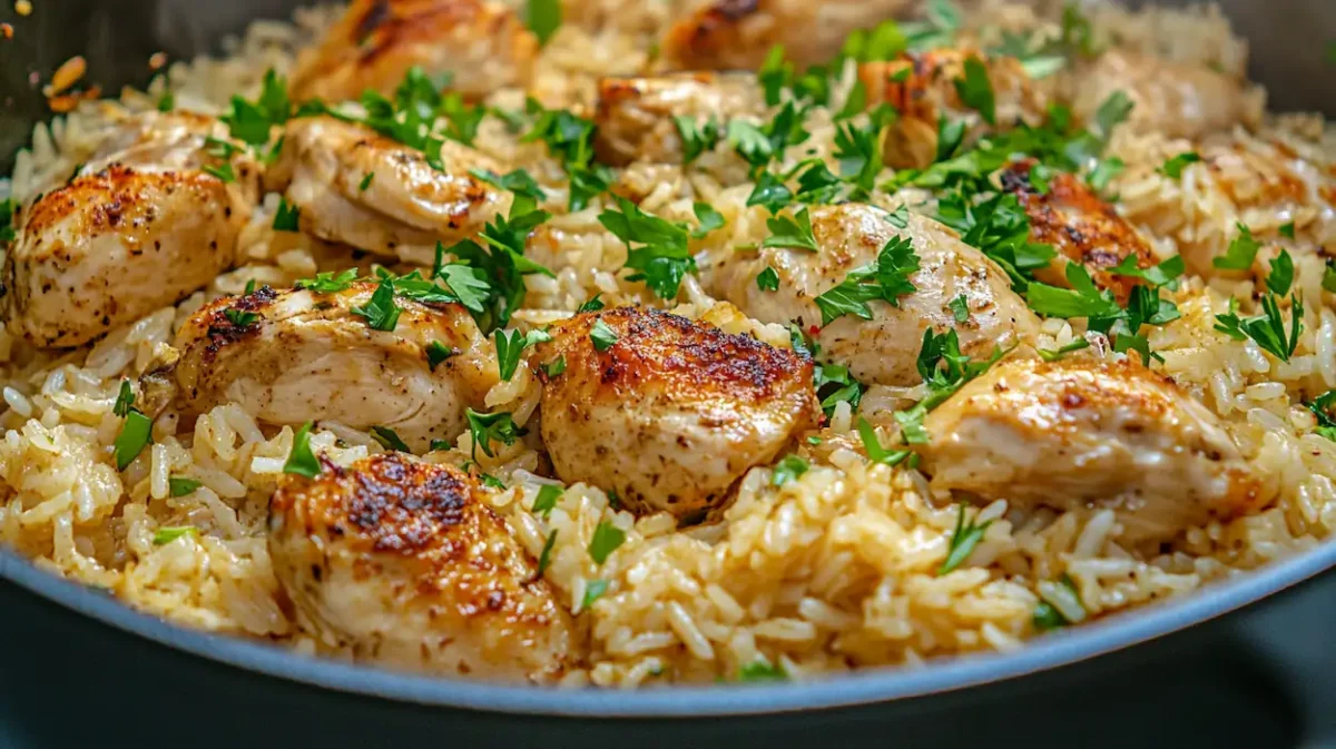 Creamy Chicken and Rice Recipe (Easy One Pot Meal Everyone Loves) 1 Creamy chicken and rice in a one pot with tender chicken thighs and fluffy seasoned rice