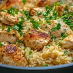 Creamy chicken and rice in a one pot with tender chicken thighs and fluffy seasoned rice