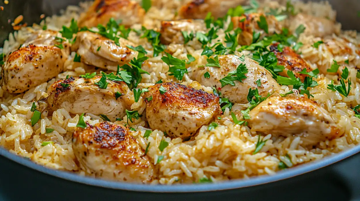 Creamy chicken and rice in a one pot with tender chicken thighs and fluffy seasoned rice