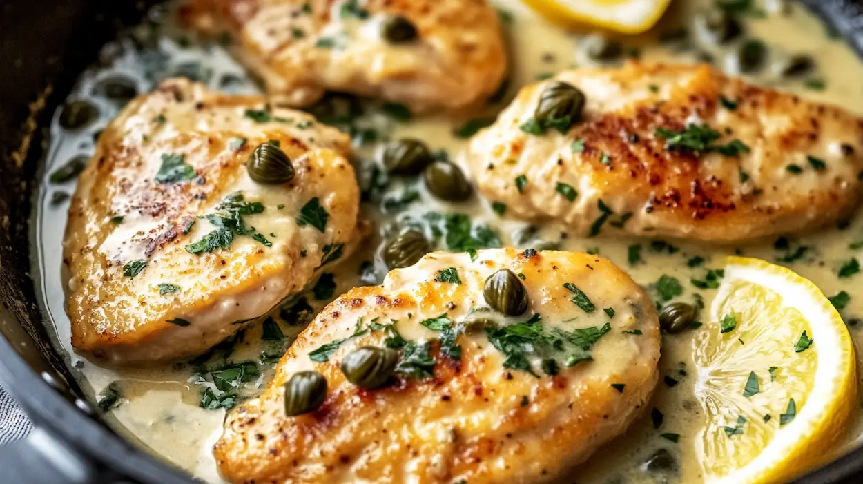 Creamy Chicken Piccata Recipe (Easy 30 Minute Dinner) 4 Creamy chicken piccata with golden chicken cutlets in a lemon caper cream sauce served in a skillet with fresh parsley and lemon slices.