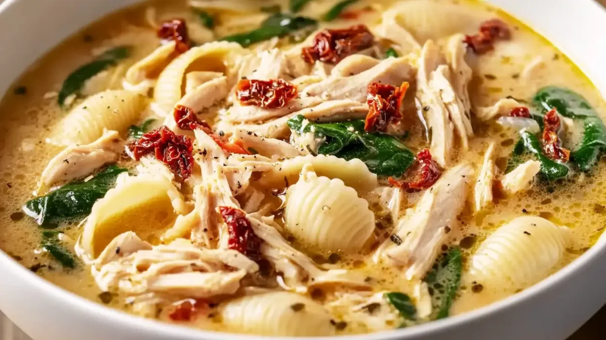 Marry Me Chicken Soup: Easy Creamy Comfort Recipe 1 Creamy marry me chicken soup in a bowl with pasta, spinach, sun-dried tomatoes, and shredded chicken in a rich broth