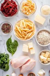 Ingredients for creamy Tuscan chicken pasta including chicken breast, penne pasta, spinach, sun-dried tomatoes, garlic, onion, cream, parmesan cheese and Italian seasoning.