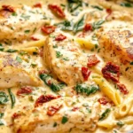 Creamy Tuscan chicken pasta recipe with penne pasta, spinach, sun-dried tomatoes, parmesan cheese and chicken in a creamy garlic sauce served in a skillet.