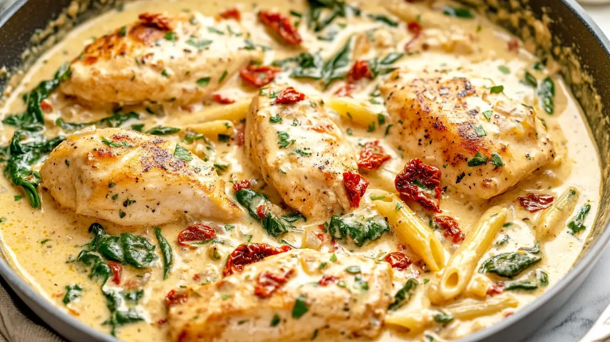 Creamy Tuscan chicken pasta recipe with penne pasta, spinach, sun-dried tomatoes, parmesan cheese and chicken in a creamy garlic sauce served in a skillet.