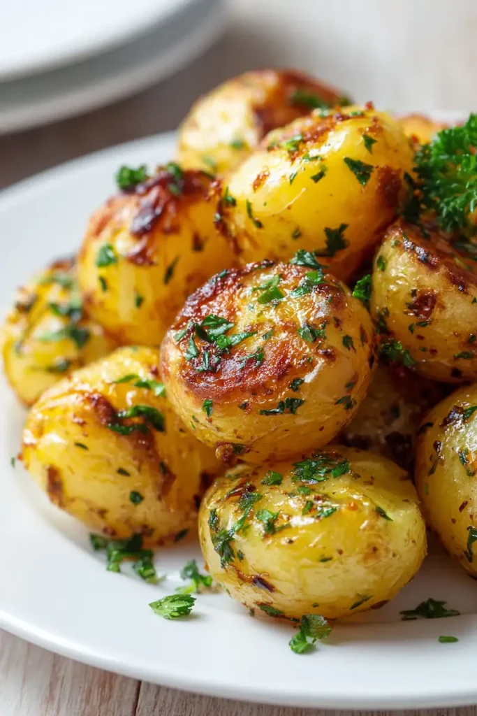 Crispy garlic butter baby potatoes served as an easy side dish with golden texture and herbs