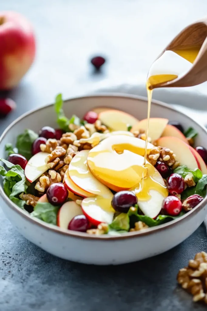 Bowl of apple cranberry walnut salad with apples, cranberries, walnuts, feta cheese and honey dressing.