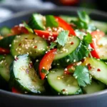 Easy Asian cucumber salad with sliced cucumbers, sesame seeds, chili flakes and soy rice vinegar dressing in a bowl.