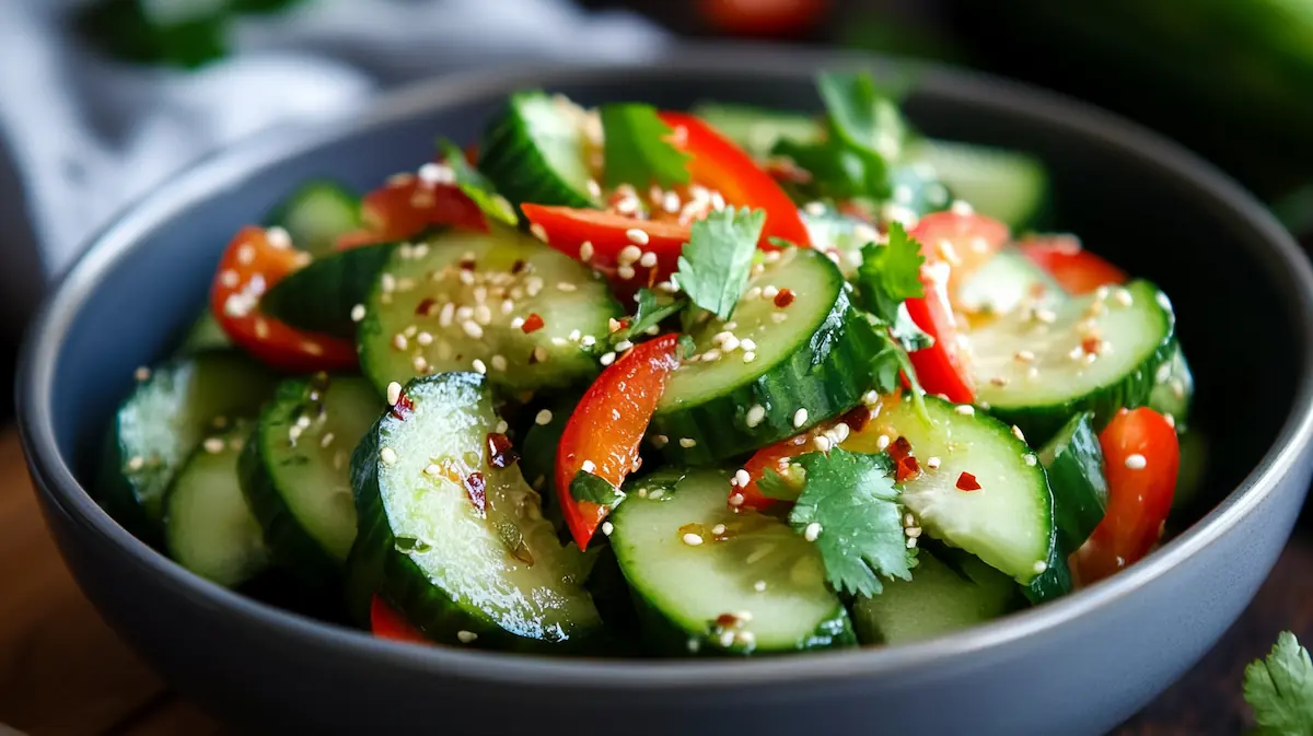 Easy Asian Cucumber Salad Recipe (Fresh, Spicy & Tangy) 1 Easy Asian cucumber salad with sliced cucumbers, sesame seeds, chili flakes and soy rice vinegar dressing in a bowl.