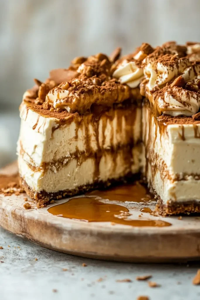 Easy no bake Biscoff cheesecake recipe with creamy filling and caramel topping