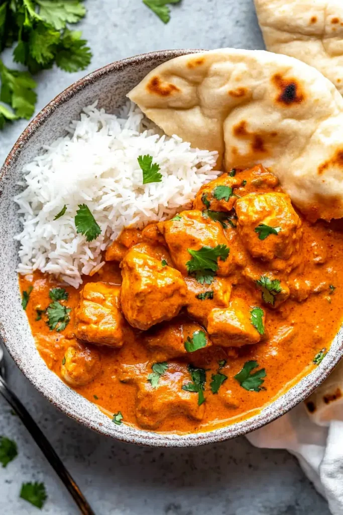 Homemade chicken tikka masala served with rice and naan bread