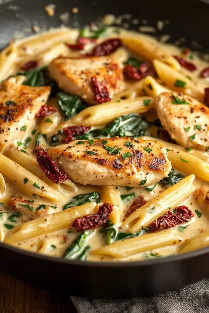 Easy creamy Tuscan chicken pasta with spinach and sun-dried tomatoes in a creamy parmesan sauce served as an Italian pasta dinner recipe.