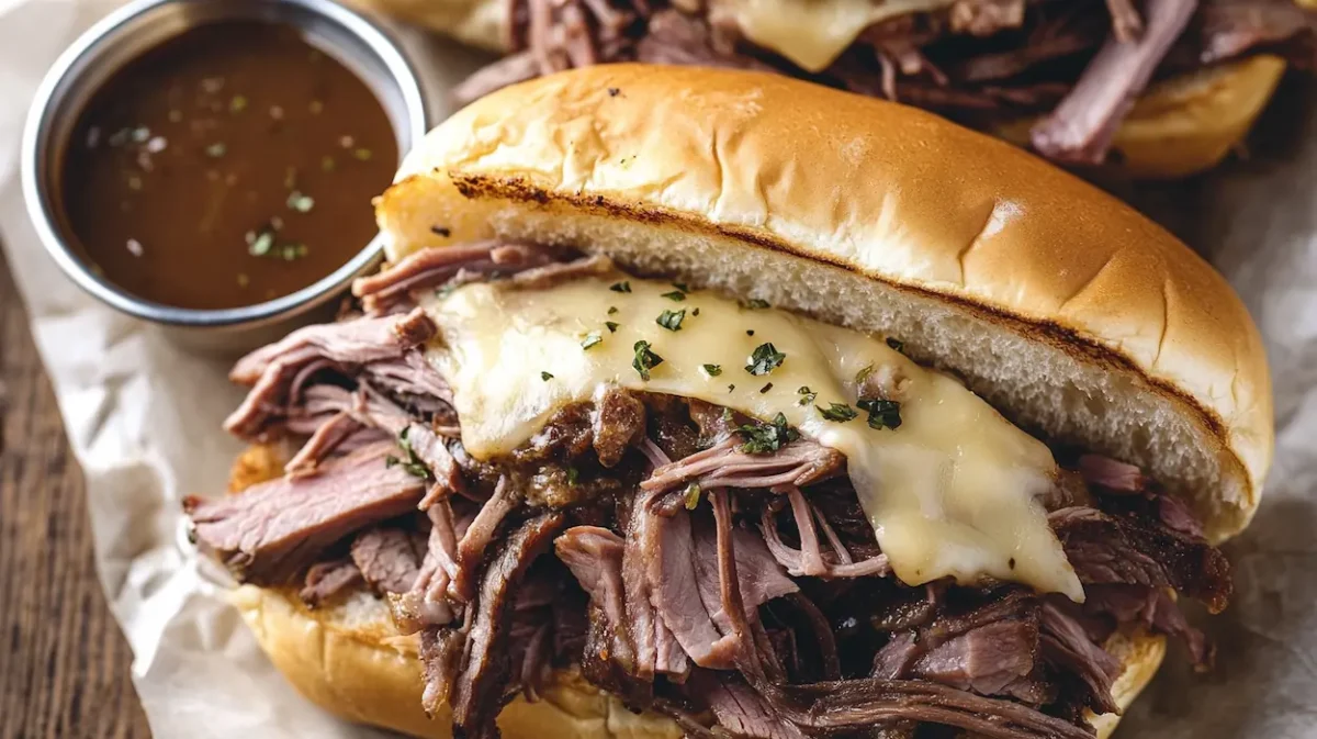 Easy French dip sandwiches with au jus served on toasted hoagie rolls with sliced roast beef and melted provolone cheese.