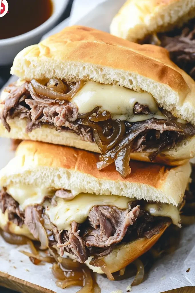 Stacked easy French dip sandwiches with au jus dipping sauce and melted cheese on toasted rolls.