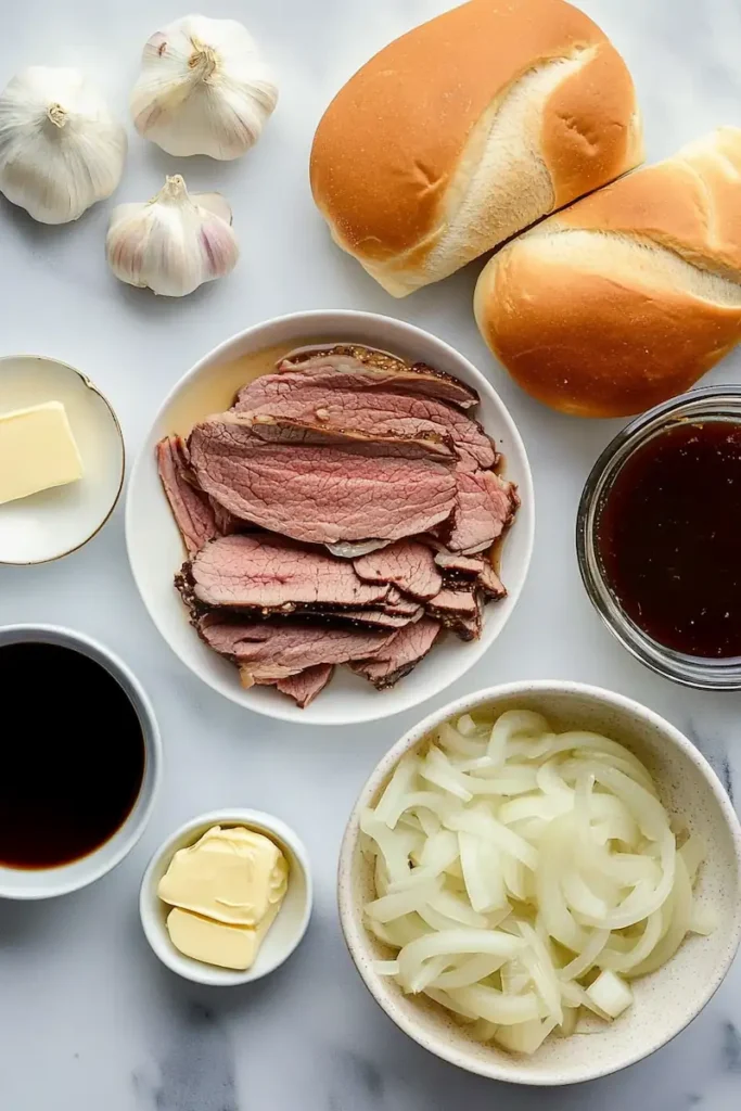 Ingredients for easy French dip sandwiches with au jus including roast beef, hoagie rolls, onions, beef broth, garlic, and provolone cheese.