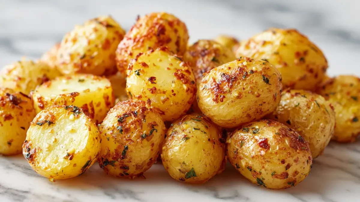 Crispy garlic butter baby potatoes roasted until golden brown with parsley in a baking dish