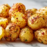 Crispy garlic butter baby potatoes roasted until golden brown with parsley in a baking dish