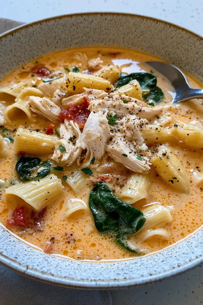 Marry Me Chicken Soup: Easy Creamy Comfort Recipe 4 Pinterest image of creamy marry me chicken soup with chicken, pasta, spinach, and herbs in a cozy bowl