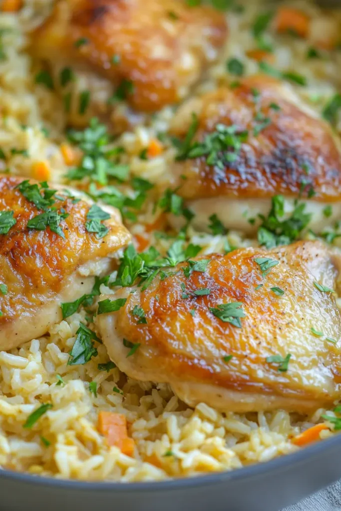 Creamy Chicken and Rice Recipe (Easy One Pot Meal Everyone Loves) 4 Easy one pot creamy chicken and rice served in a skillet with golden chicken and fluffy rice