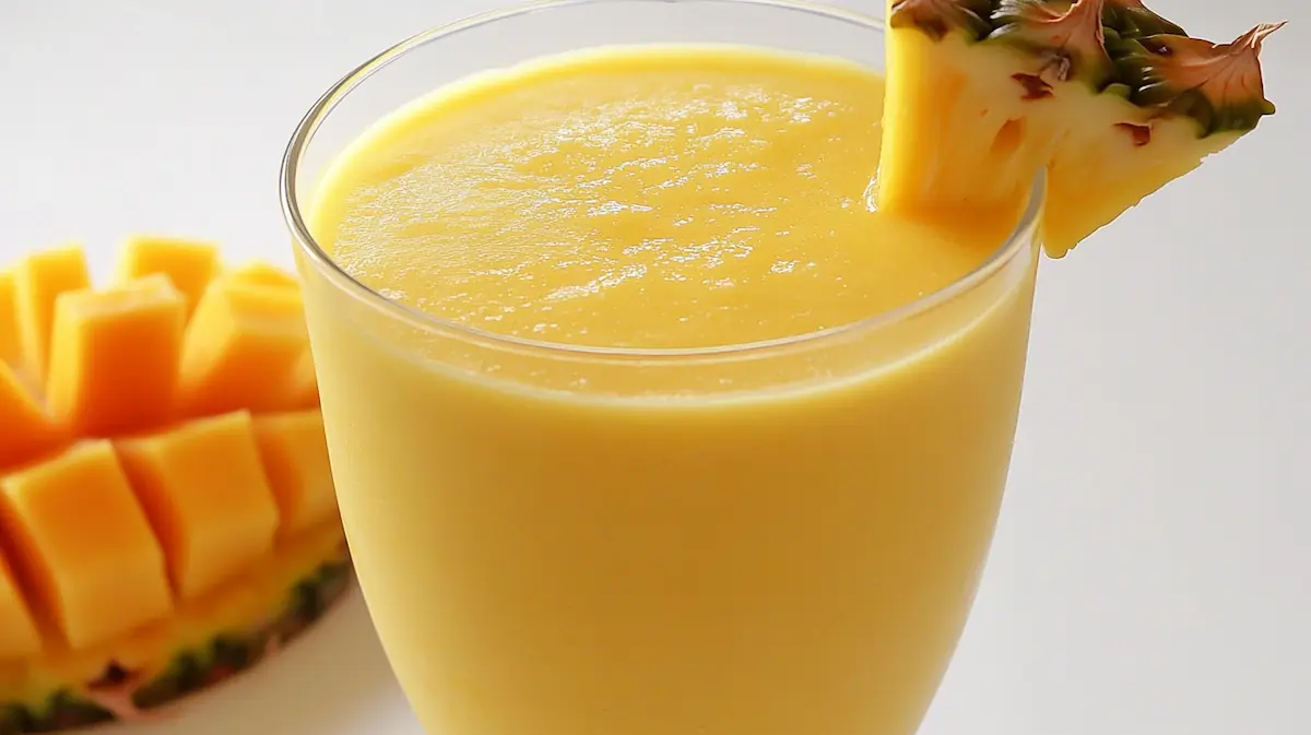 Best Pineapple Mango Smoothie (McDonald’s Copycat) Recipe 1 Creamy pineapple mango smoothie in a glass with tropical fruits, healthy refreshing smoothie recipe