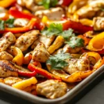 Easy sheet pan chicken fajitas with roasted peppers and onions on a baking tray