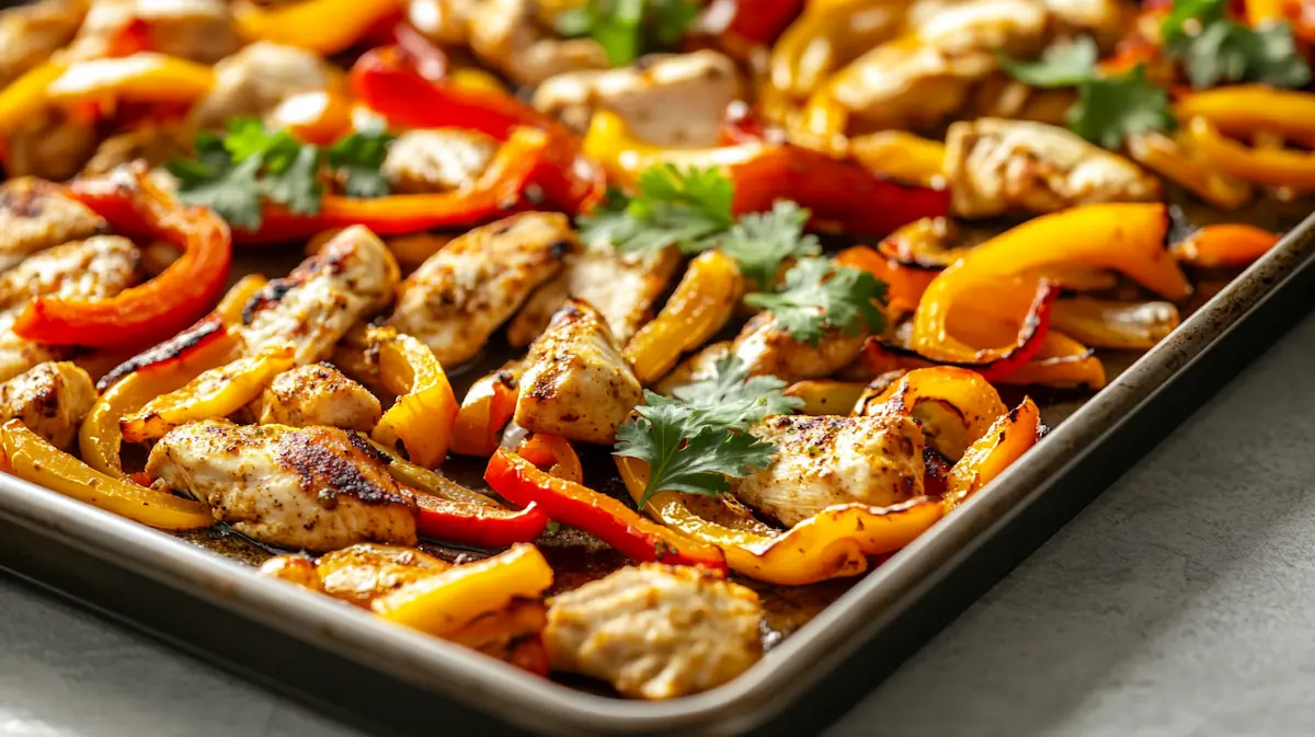 Easy sheet pan chicken fajitas with roasted peppers and onions on a baking tray