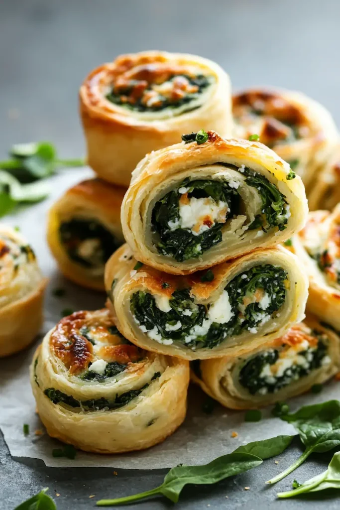 Stack of cheesy spinach feta pinwheels with crispy layers perfect for party finger food and brunch