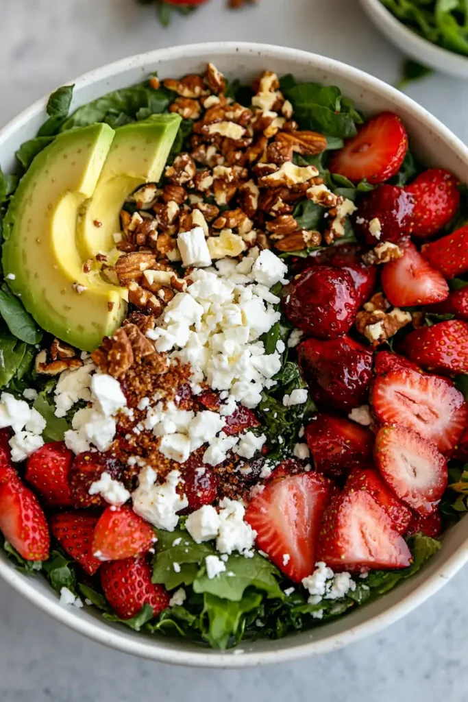 Strawberry crunch salad with champagne vinaigrette, avocado, feta, and crunchy toppings