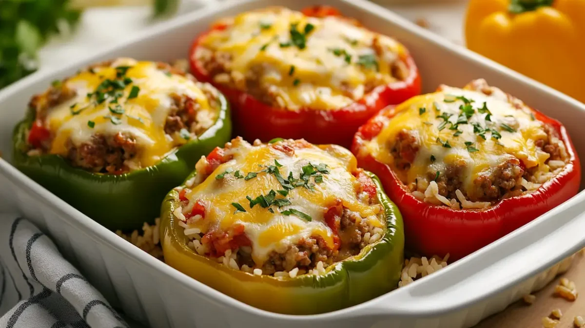 Best Stuffed Bell Peppers Recipe 1 Easy stuffed bell peppers baked with seasoned meat, rice, tomato sauce, and melted cheese