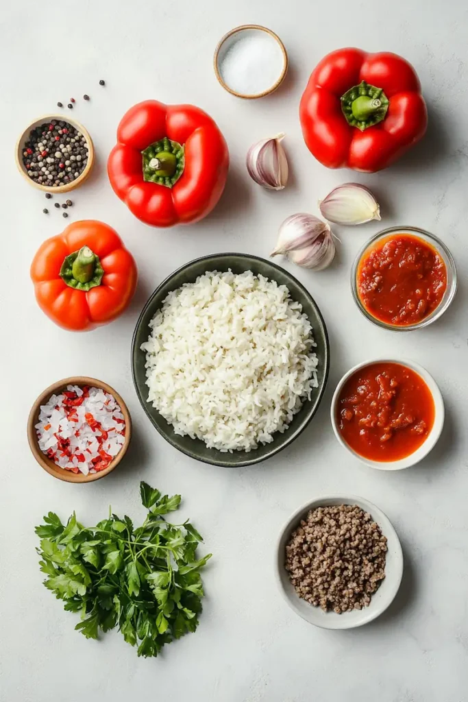 Best Stuffed Bell Peppers Recipe 3 Ingredients for easy stuffed bell peppers including bell peppers, ground beef, rice, onion, garlic, tomato sauce, and cheese