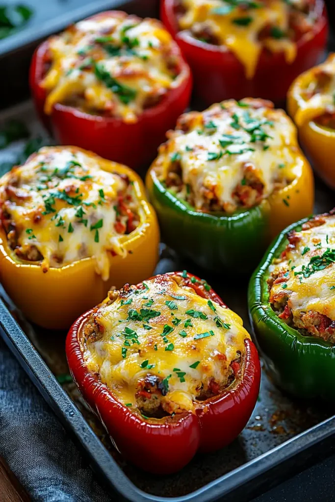 Best Stuffed Bell Peppers Recipe 2 Vertical image of easy stuffed bell peppers with seasoned filling and melted cheese