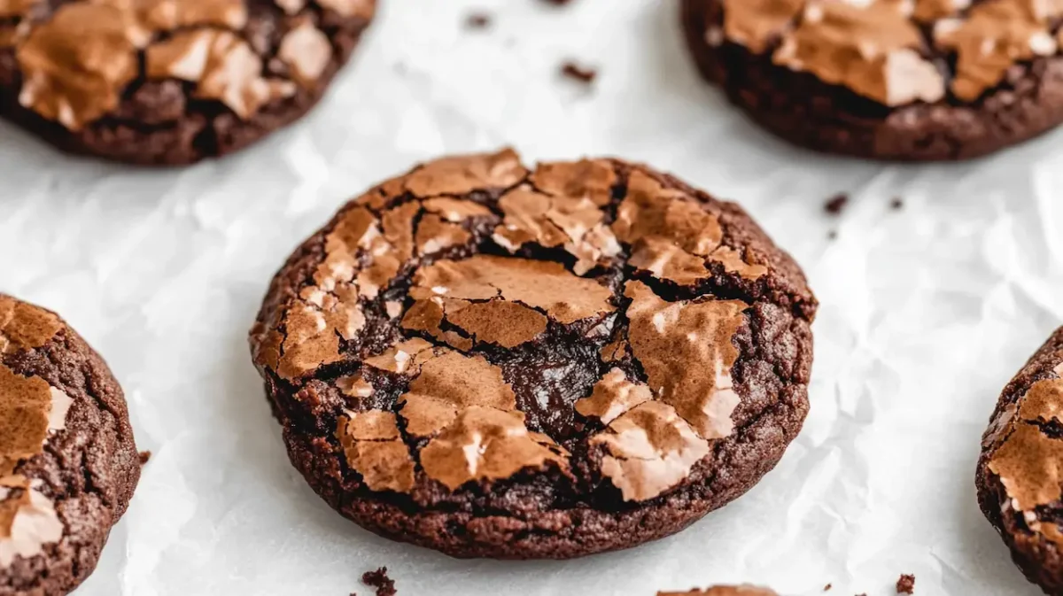 Fudgy brownie cookies with crackly tops and gooey centers on parchment paper