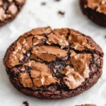 Fudgy brownie cookies with crackly tops and gooey centers on parchment paper