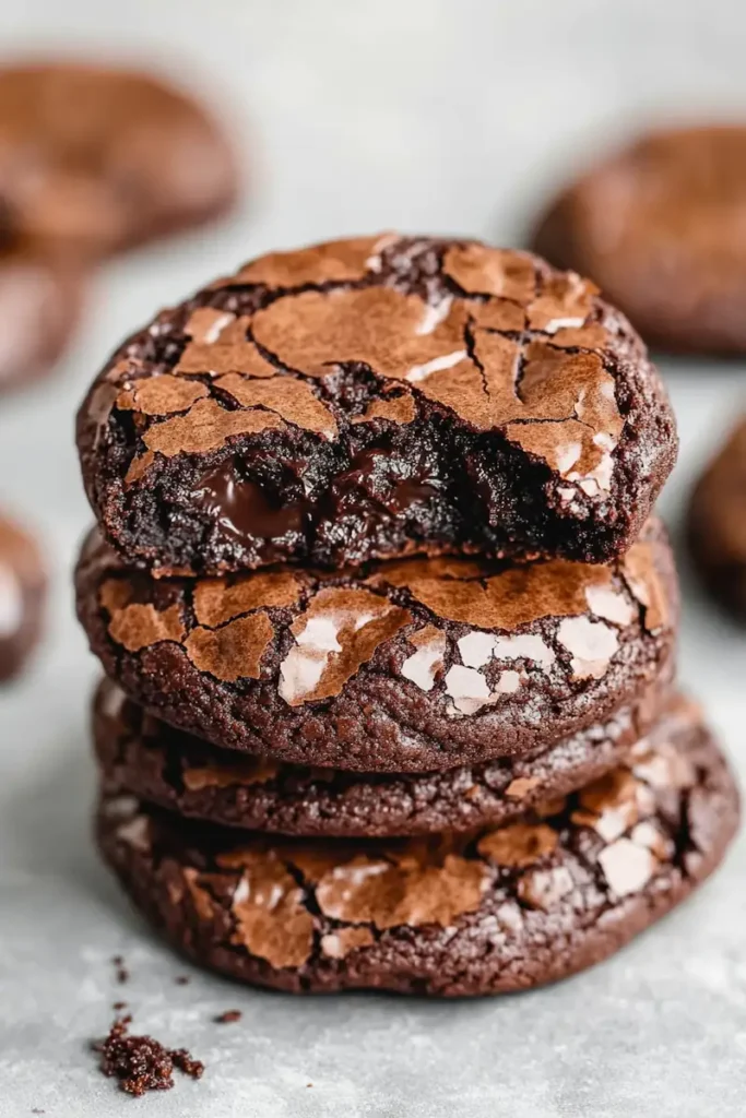 Stack of fudgy brownie cookies with crackly tops and melted chocolate inside