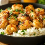 Garlic butter chicken bites served over fluffy rice in a skillet with parsley garnish