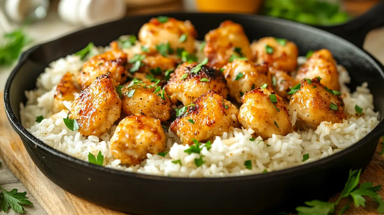 Garlic butter chicken bites served over fluffy rice in a skillet with parsley garnish