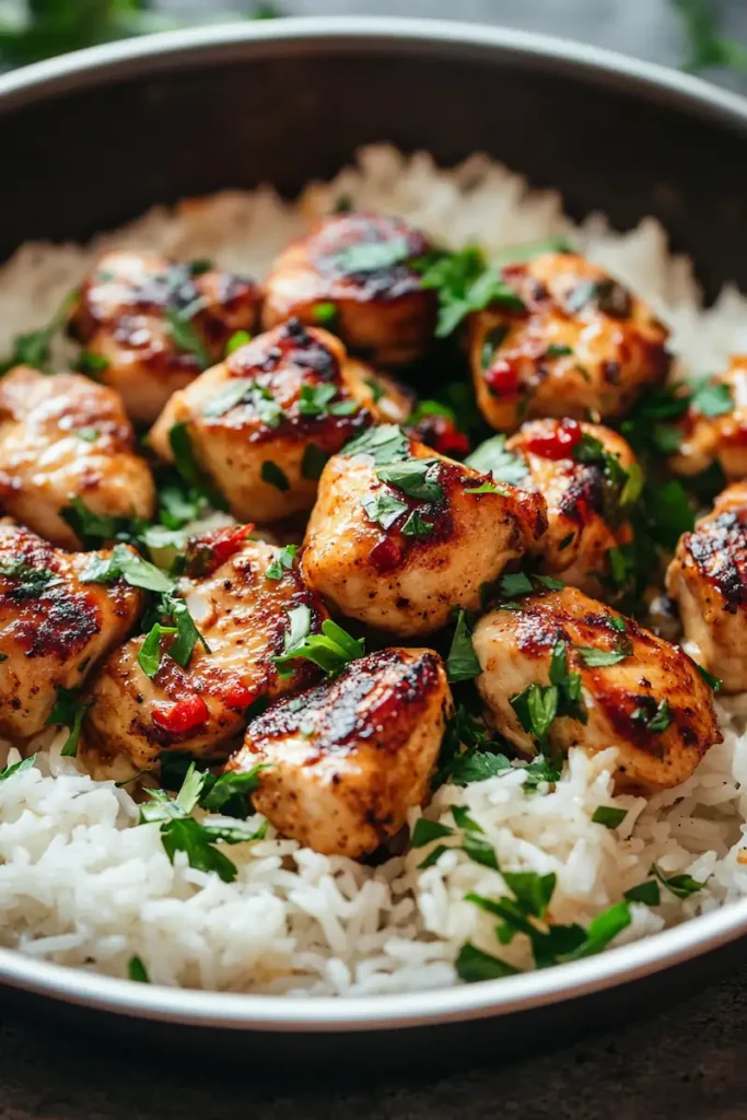 Golden garlic butter chicken bites with rice in a pan easy one pot dinner