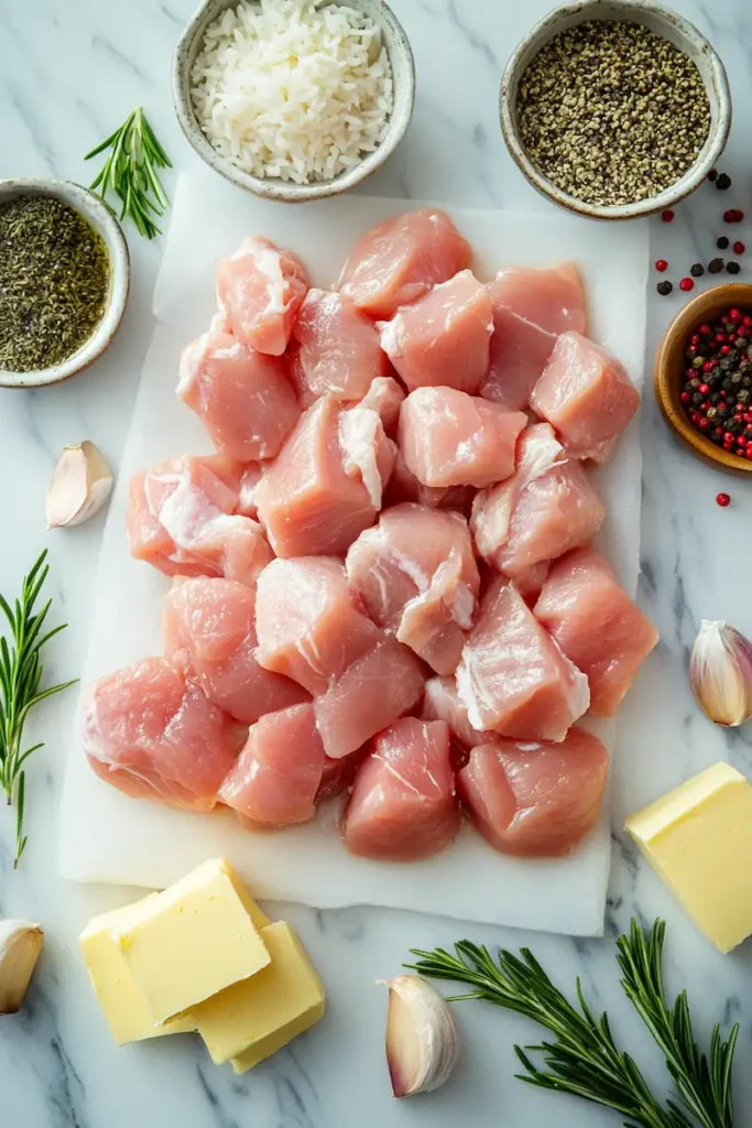 Raw ingredients for garlic butter chicken bites including chicken breast, garlic, butter, rice, and spices