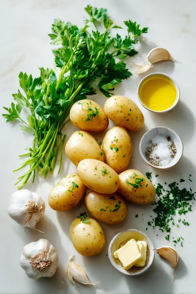 Fresh ingredients for garlic butter baby potatoes including baby potatoes, garlic, butter, parsley and olive oil