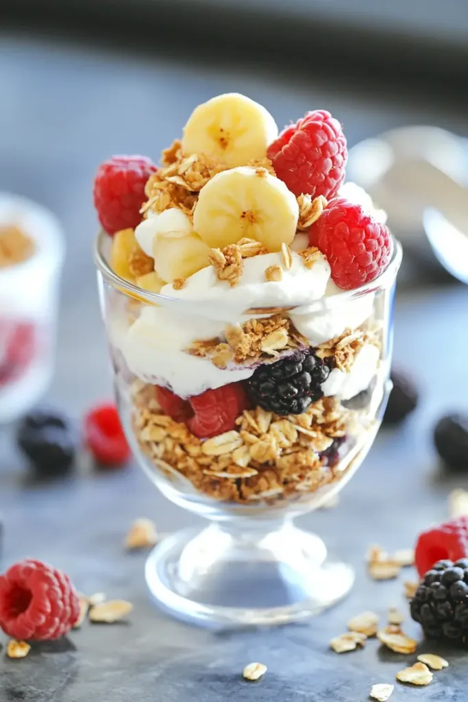 Greek yogurt berry protein parfait layered with strawberries, blueberries, granola, and chia seeds for a high protein breakfast.