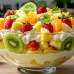 Hawaiian Cheesecake Salad in a large bowl with pineapple, strawberries, kiwi, mandarin oranges, and creamy cheesecake filling