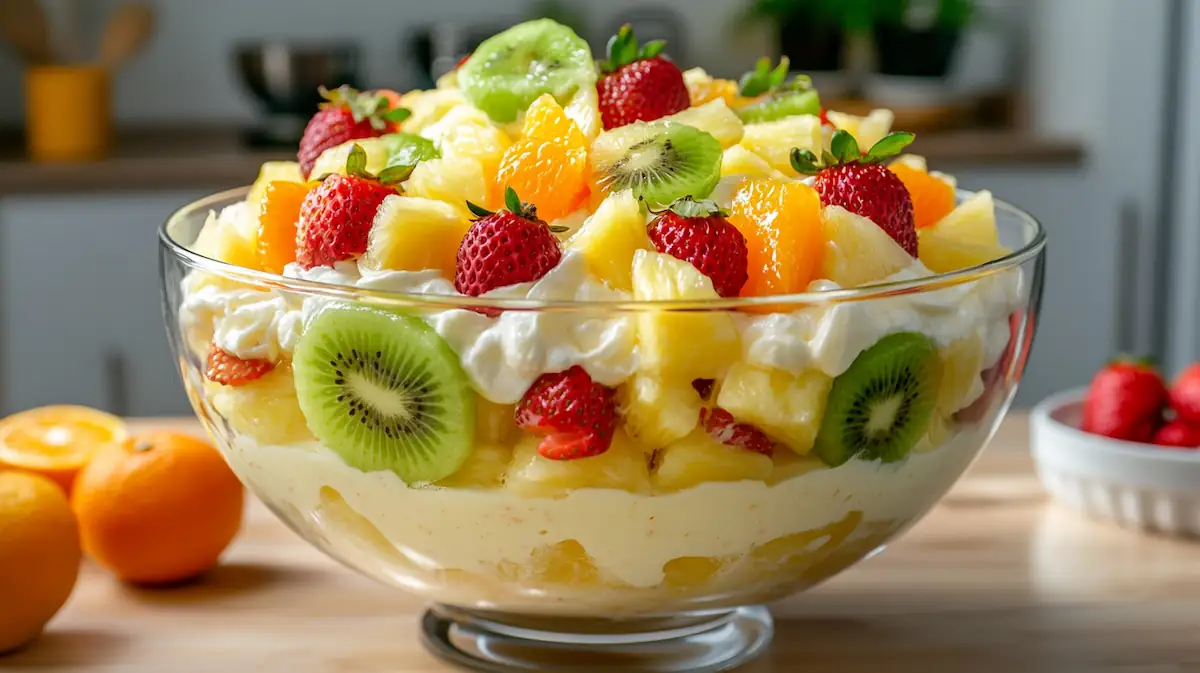 Hawaiian Cheesecake Salad Recipe 1 Hawaiian Cheesecake Salad in a large bowl with pineapple, strawberries, kiwi, mandarin oranges, and creamy cheesecake filling
