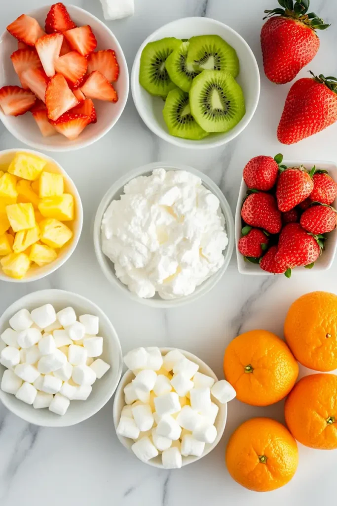 Hawaiian Cheesecake Salad Recipe 2 Ingredients for Hawaiian Cheesecake Salad including cream cheese, whipped topping, cheesecake pudding mix, pineapple, kiwi, strawberries, and mandarin oranges