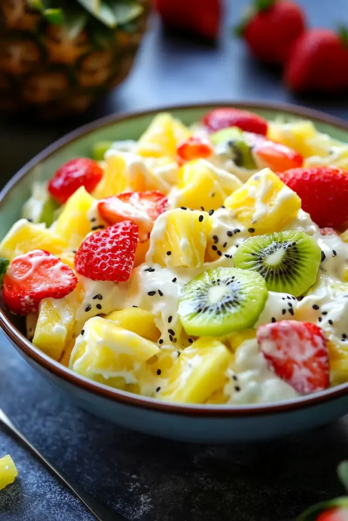 Hawaiian Cheesecake Salad Recipe 3 Pinterest image of Hawaiian Cheesecake Salad with tropical fruit and creamy cheesecake mixture