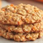 Healthy carrot cake oatmeal cookies stacked with visible oats and shredded carrots, soft and chewy homemade healthy oatmeal cookies.