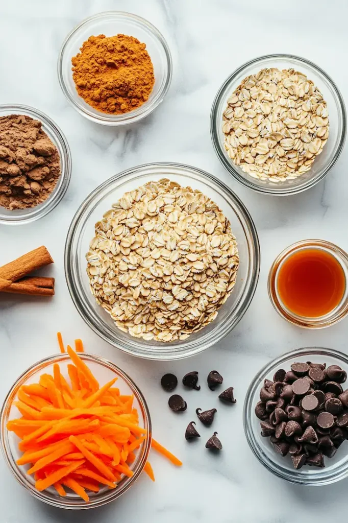 Ingredients for healthy carrot cake oatmeal cookies including rolled oats, grated carrots, cinnamon, maple syrup, peanut butter and chocolate chips.