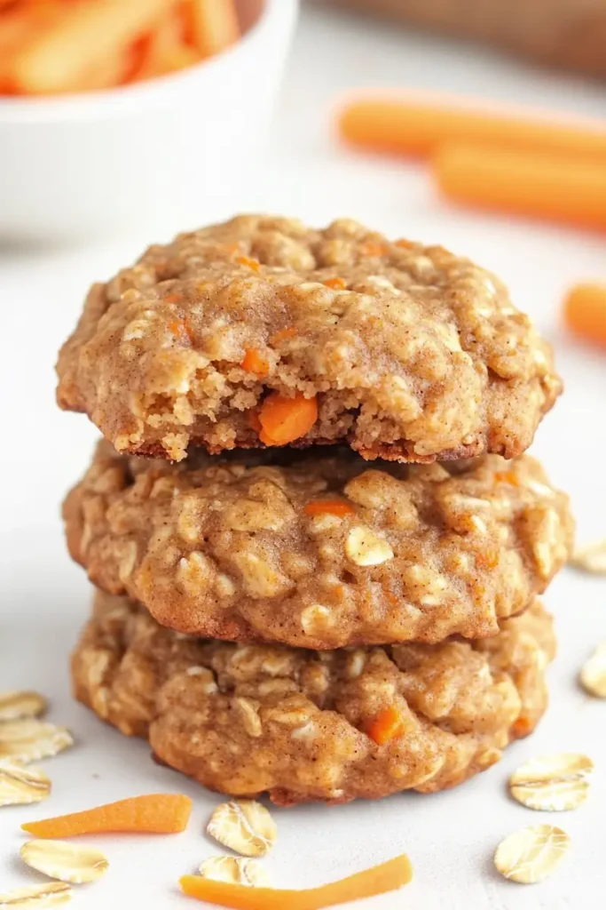 Stack of healthy carrot cake oatmeal cookies with oats and grated carrots, soft chewy healthy oatmeal cookie recipe.