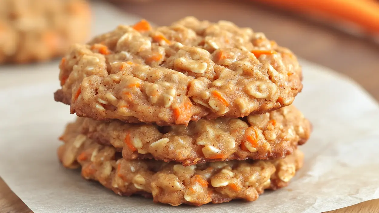 Healthy carrot cake oatmeal cookies stacked with visible oats and shredded carrots, soft and chewy homemade healthy oatmeal cookies.